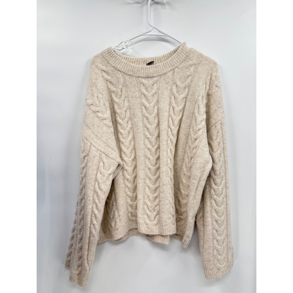 Joie Large Cable Knit Sweater Womens Oatmeal Beige Crew Neck Wool Blend CV172501